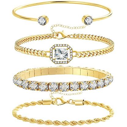 4 Pcs Dainty Gold Silver Bracelets Set for Women 14K Plated Link Cubic Zirconia Paperclip Stake Layering Chain Adjustable Trendy Hand Jewelry - color: Golden