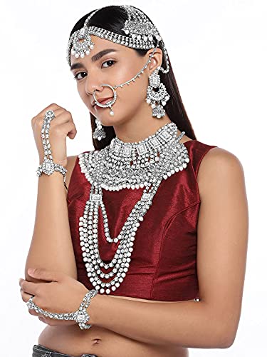 Aheli Traditional Wedding Indian Bharatanatyam jewellery set Long Choker Necklace Earrings Maang Tikka Nath Paasa Hath Phool for Women - color: Rhodium White