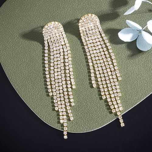 SELOVO Rhinestone Crystal Tassel Long Sparkle Dangle Earrings 2.8"/3.3" Wedding Party Dangling Earrings (3.3inch-Clip on-Gold Tone Clear)