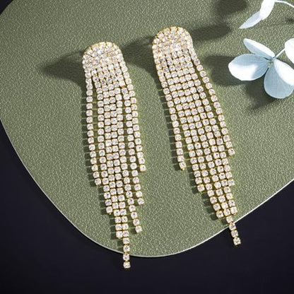 SELOVO Rhinestone Crystal Tassel Long Sparkle Dangle Earrings 2.8"/3.3" Wedding Party Dangling Earrings (3.3inch-Clip on-Gold Tone Clear)