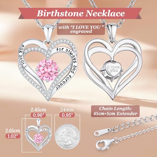 CDE Engraved Forever Love Heart Birthstone Necklace Jewelry Gifts for Women | Hypoallergenic,Nickel-Free & Lead-Free,3 x 3 mm 5A CZ Heart Pendant,Anniversary Christmas Birthday Gift for Girlfriend Wife - color: 10-Oct-WG, style: White Gold Plated