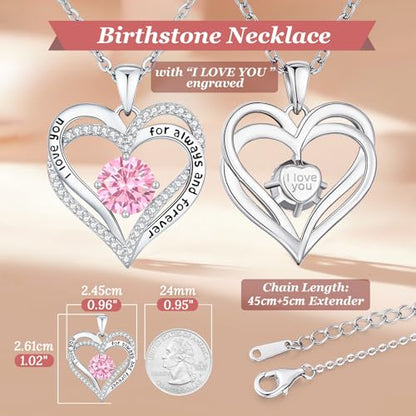 CDE Engraved Forever Love Heart Birthstone Necklace Jewelry Gifts for Women | Hypoallergenic,Nickel-Free & Lead-Free,3 x 3 mm 5A CZ Heart Pendant,Anniversary Christmas Birthday Gift for Girlfriend Wife - color: 10-Oct-WG, style: White Gold Plated
