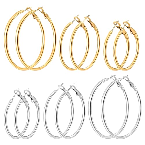4/6 Pairs 14K Gold Plated Silver Hoop Earrings Set for Women Hypoallergenic | 30 40 50 60 mm, Lightweight Thin Hoops, 316L Surgical Stainless Steel for Sensitive Ears, Everyday Wear to Evening Outfits - color: 6 Pairs(30/40/50mm)-Silver/Gold