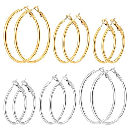 4/6 Pairs 14K Gold Plated Silver Hoop Earrings Set for Women Hypoallergenic | 30 40 50 60 mm, Lightweight Thin Hoops, 316L Surgical Stainless Steel for Sensitive Ears, Everyday Wear to Evening Outfits - color: 6 Pairs(30/40/50mm)-Silver/Gold