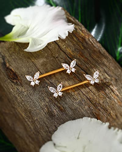 Butterfly Nipple Rings for Women 14G Nipple Piercing Jewelry Gold Nipple Ring Surgical Steel Nipple Shield CZ Nipple Barbell Body Piercing Jewelry for Women - color: Gold