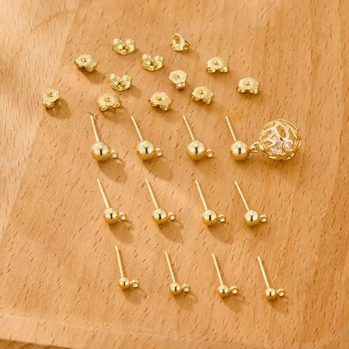 12Pcs Gold Earrings Making Supplies Ball Studs Post with Loop Ear Backs | Hypoallergenic 3/4/5mm Ball/Flat Stud Post Replace Butterfly Ear Backs for Dangle Charm Pendant Earring Jewelry Making Set - color: Ball_Gold