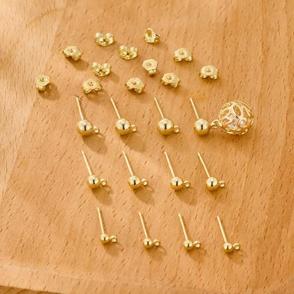 12Pcs Gold Earrings Making Supplies Ball Studs Post with Loop Ear Backs | Hypoallergenic 3/4/5mm Ball/Flat Stud Post Replace Butterfly Ear Backs for Dangle Charm Pendant Earring Jewelry Making Set - color: Ball_Gold