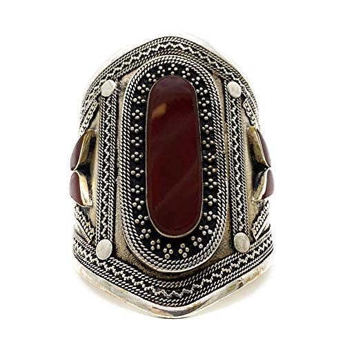 Afghan Tribal Wide Adjustable Cuff Bracelet Set – Boho Chic Statement Pair Featuring Bold Red & Blue Stones, Intricate Engravings, Oxidized Finish, 0.8 to 3.5-Inch Width