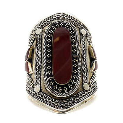 Afghan Tribal Wide Adjustable Cuff Bracelet Set – Boho Chic Statement Pair Featuring Bold Red & Blue Stones, Intricate Engravings, Oxidized Finish, 0.8 to 3.5-Inch Width