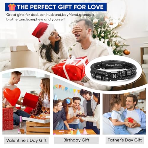 Initial Braided Leather Bracelets for Men - Double-Row Braided Mens Leather Bracelet Adjustable Wristband Initial Bracelet with Stainless Steel Clasp Unique Jewelry Gifts for Husband Dad Friend Son - color: Initial N