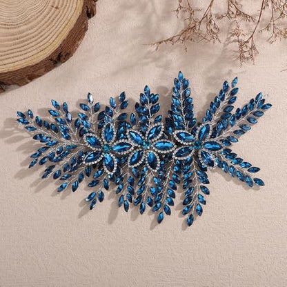 Teyglen Large Full Rhinestone Headband Flower Crystal Bride Wedding Headband Hair Vine Bridal Rhinestone Headpiece Wedding Hair Accessories for Women Party Prom (Peacock blue) - color: Peacock blue