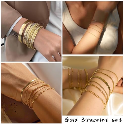 IFKM 6 PACK (24 PCS) Boho Gold Chain Bracelets Set for Women, 14K Gold Plated Multiple Layered Stackable Open Cuff Wrap Bangle Adjustable Link Italian Cuban Jewelry for Women Gift - style: 35 PCS Bangle Bracelets