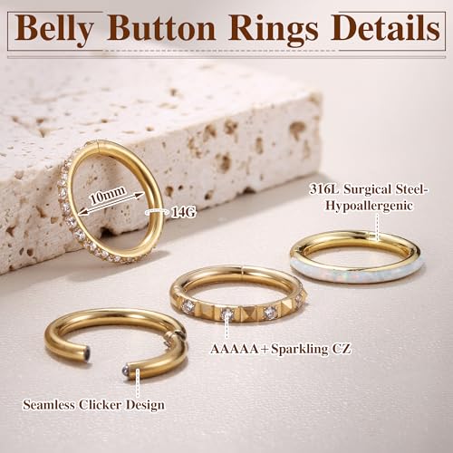 FIBO STEEL 14G Belly Button Rings 316L Surgical Steel Belly Hoop Ring Clear CZ Opal Navel Rings Clicker Segment Belly Piercing Jewelry 10mm 12mm - color: 14K Gold Plated 10mm