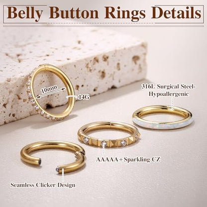 FIBO STEEL 14G Belly Button Rings 316L Surgical Steel Belly Hoop Ring Clear CZ Opal Navel Rings Clicker Segment Belly Piercing Jewelry 10mm 12mm - color: 14K Gold Plated 10mm