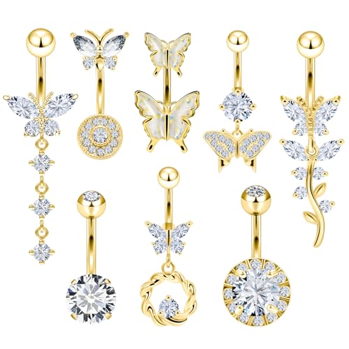 Vsnnsns 14G Belly Button Ring Piercing Jewelry 316L Stainless Surgical Steel Heart CZ Pearl Butterfly Flower Navel Rings Dangle Belly Button Ring Navel Piercing Jewelry for Women Men Hypoallergenic - color: Gold-Clear CZ