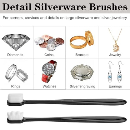 6pcs Silver Jewellery Cleaner Kit,Silver Polishing Cloth Jewelry, 4 Polishing Cloths & 2 PCS Ultra-Soft Brushes (Flat & Wave) for Cleaning Gold, Diamonds, Platinum, Gemstones, Coins