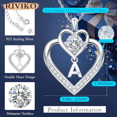 RIVIKO 1 Carat Moissanite Heart Initial Necklace for Women,Letter Pendant | 925 Sterling Silver Chain,Personalized Jewelry,Anniversary Birthday Gifts for Wife Friend Mom - color: Letter A