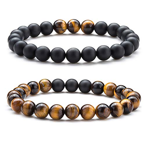 Men Women 8mm Tiger Eye Stone Beads Bracelet - color: A-2 Pcs Set 1-21003