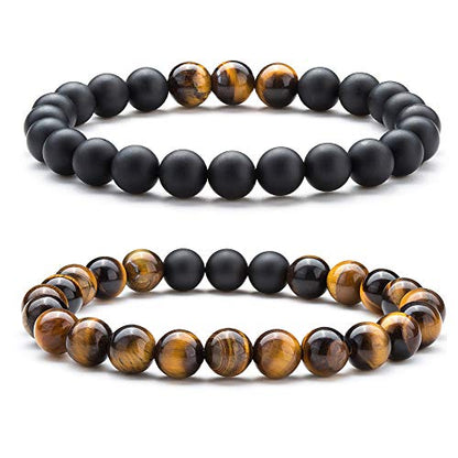 Men Women 8mm Tiger Eye Stone Beads Bracelet - color: A-2 Pcs Set 1-21003