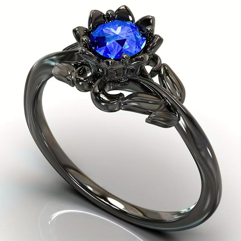 Cubic Zirconia Rings For Women, Gothic Ring Black Flower Crystal Stackable Trendy Floral Eternity Travel Engagement Statement Wedding Birthday Jewelry Gift - color: Goth Black Blue