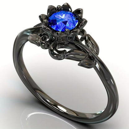 Cubic Zirconia Rings For Women, Gothic Ring Black Flower Crystal Stackable Trendy Floral Eternity Travel Engagement Statement Wedding Birthday Jewelry Gift - color: Goth Black Blue