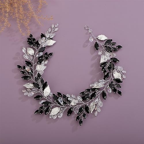 Kercisbeauty Silver Leaves Black Crystal Beads Headpiece for Women Wedding Bridal Hair Jewelry Boho Handmade Headband Prom (Silver) - color: Silver