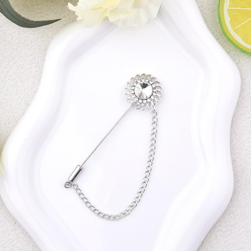 Mens Sunflower Lapel Pin Crystal Rhinestone Brooches for Men Hanging Chain Brooch Suit Pin Flower Lapel Pins for Men Wedding Business Party - color: White-J