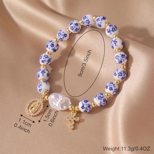 Vintage Ceramic Beads Bracelets for Women Virgin Mary Cross Charm Cubic Zirconia Blue White Porcelain Gold Tone Faux Pearl Stretch Jewelry Gifts