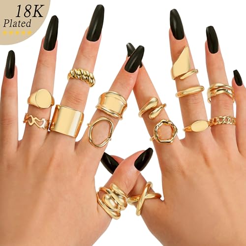 15-25 Pcs Chunky Gold Rings Set for Women, Stackable Finger Midi Rings, Dainty Gold Stacking Statement Womens ring pack - color: Gold-15Pcs