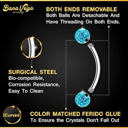 Surgical Steel Curved Barbell Ring 16g 5/16 8mm 3mm Ferido Ball Helix Earring Eyebrow Piercing Jewelry Choose Colors and Size - color: S-6pcs-Aqua-16g-5/16"(8mm)-3mmBall