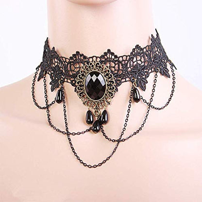 Halloween Women Lady Goth Punk Necklace Lace Collar Choker Wedding Jewelry | Dumcondy Black Steampunk Elegant Sexy Statement Retro Victorian Cosplay Night Club Party Princess Neck Chain (5 Pieces/Set)