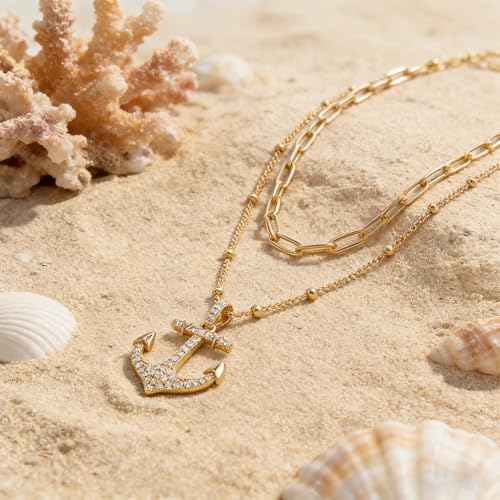 MEVECCO Dainty Pendant Layered Necklaces for Women | 18K Gold Plated Brass, 2-Piece Set With A Choker-Length Upper Layer, Wear Together Or Separately, Refined Everyday Style - style: Layer Anchor