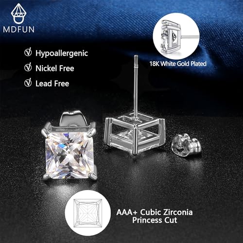 MDFUN 5 Pairs Square Earrings Set for Women Hypoallergenic 18K White Gold/Yellow Gold/Rose Gold Plated Princess Cut Clear Cubic Zirconia Stud Earring 3-7MM Pack of 5 - color: White Gold