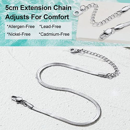 Adjustbale Link Chain Anklet for Women Summer Jewelry, 316L Stainless Steel Figaro/Wheat/Twist Rope/Cuban Foot Bracelet-Waterproof, Resizable 9"-12" (Gift Box Included) - color: 6, Herringbone - Stainless Steel-3mm