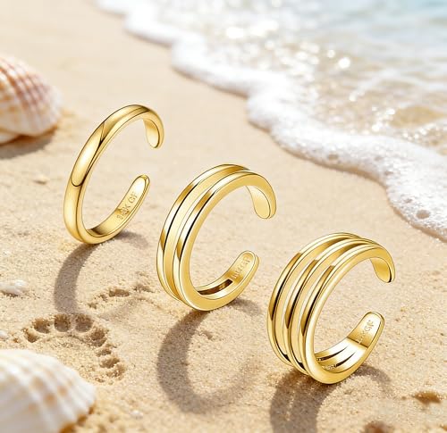 3Pcs Gold Toe Rings for Women,Trendy CZ Flower Toe Rings Silver Open Adjustable Band Ring Summer Foot Jewelry Accessories - color: gold
