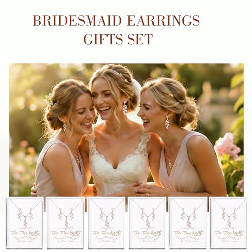 DHQH Bridesmaid Necklace Earrings Set Gifts I Couldn't Say I DO Without You Cubic Zirconia Leaf Pendant Necklace Bridesmaid Proposal Gift Set of 4 6 - color: rose-leaf-6set