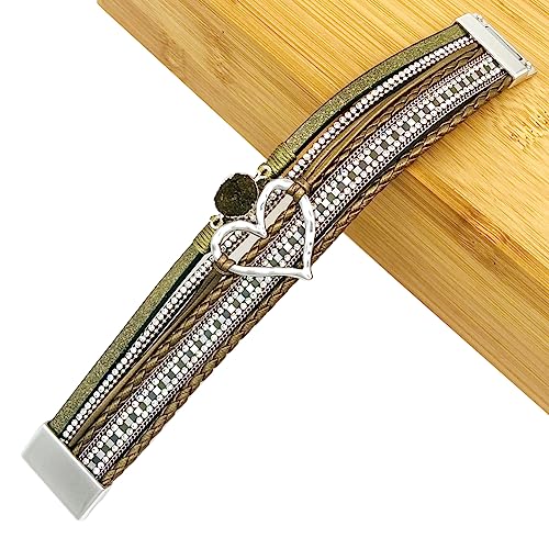 Womens Love Heart Leather Wrap Bracelet Multi-layer Stacked Bangle | Magnetic Clasp Soft PU Leather Resin Stone Rhinestone Boho Style Birthday Valentine Christmas Bohemian Jewelry Gift - color: Grass Green
