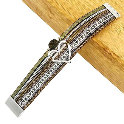 Womens Love Heart Leather Wrap Bracelet Multi-layer Stacked Bangle | Magnetic Clasp Soft PU Leather Resin Stone Rhinestone Boho Style Birthday Valentine Christmas Bohemian Jewelry Gift - color: Grass Green