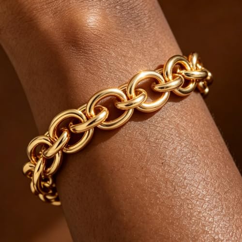 Chunky Gold Bracelet for Women Non Tarnish, Trendy Stretch Cuban Link Chain Plated Gold Bangle Bracelets - color: O-Small-Gold
