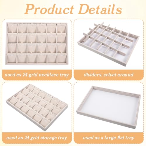 2 Pcs 24 Grids Stackable Jewelry Tray Organizer with Removable Dividers, Velvet Jewelry Display Tray for Earrings Necklaces Bracelet Rings Display Showcase - Beige