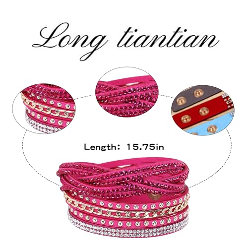 Long tiantian Leather Wrap Bracelets for Women Boho Multi Layered Bracelets Western Jewelry Hot Pink Accessories Birthday Gifts - color: 2287 hotpink