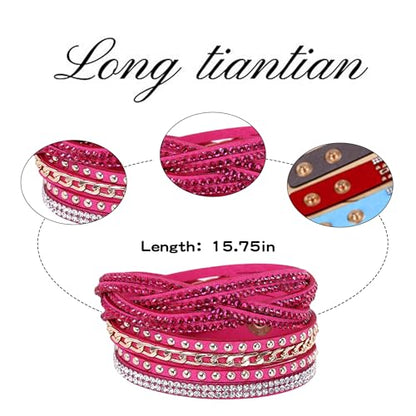 Long tiantian Leather Wrap Bracelets for Women Boho Multi Layered Bracelets Western Jewelry Hot Pink Accessories Birthday Gifts - color: 2287 hotpink