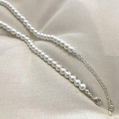 Zeffy Pearl Necklace 8MM Dainty Round Imitation Pearl Choker Necklace Wedding Pearl Necklace Delicate Jewelry for Women Simple Bridesmaid Jewelry Gifts - style: Style1-8mm Silver Pearl Necklace（14"+2"）