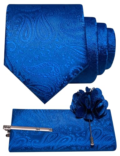 JEMYGINS Mens Paisley Tie and Lapel Pin Necktie Pocket Square and Tie Clip with Sets for Business Casual 4PCS - color: Royal Blue