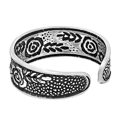 AeraVida .925 Sterling Silver Adjustable Toe Ring or Pinky Ring 5mm Wide Open Band, Stackable Minimalist Summer Foot Jewelry | Sun Moon Star Turtle Butterfly Leaf Olive Branch Ocean Wave Yin Yang Design - style: Rose