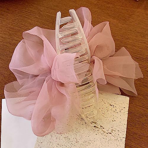 Elegant Mesh Tulle Hair Claws with Large Bowknot - Chiffon Hair Clips for Thick Hair and Women's Hair Accessories - color: pink