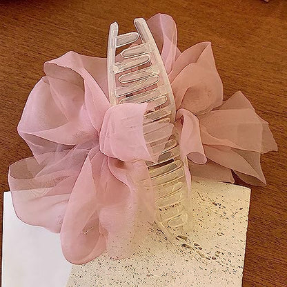 Elegant Mesh Tulle Hair Claws with Large Bowknot - Chiffon Hair Clips for Thick Hair and Women's Hair Accessories - color: pink