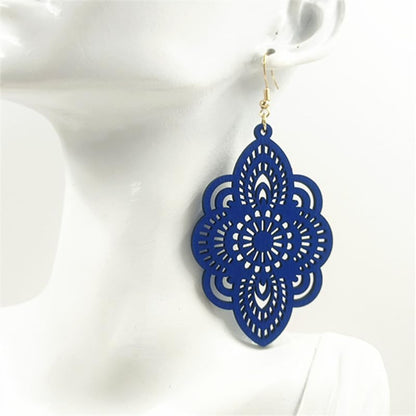 Boho Black Filigree Dangle Earrings for Women, Lightweight Hollow Lace Drop, Wood, 3.34" x 1.69", Bohemian Jewelry - color: Blue