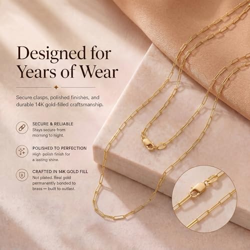 14K Gold Filled Paperclip Chain Necklace for Women – Hypoallergenic Tarnish Resistant Layering Necklace – 16 to 22 Inch - color: Paperclip 16" - 2mm