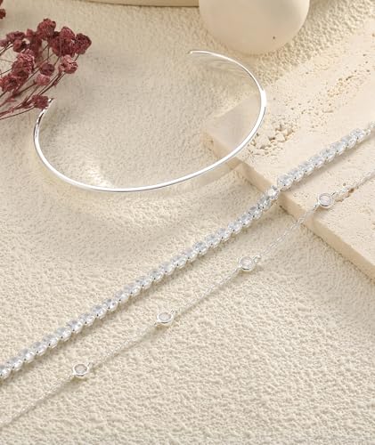 ZOERAY Silver Gold Bangle Bracelets for Women Non Tarnish 14k Gold Plated Stackable Cuff Bracelets for Women Trendy Cubic Zirconia Stainless Steel Chunky Bracelet Stack Set Waterproof Jewelry Gifts - color: D.Cubic Zirconia-Silver